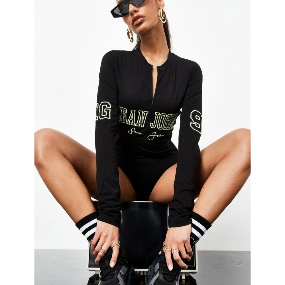 Black Zip Front Script Bodycon Bodysuit - Picture 1 of 6